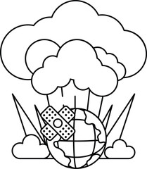 A black and white drawing of a planet with a large cloud and a small one