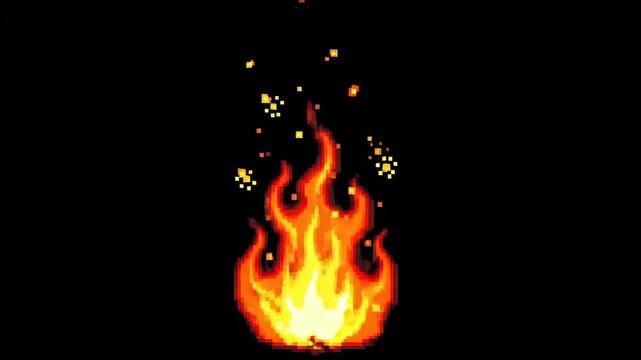 Pixel Art Fire Animation with Orange Yellow Flames and Black Background Minimalist Digital Art