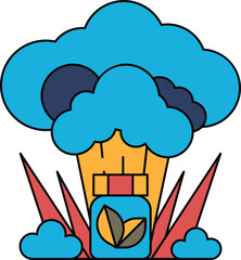 A white and black drawing of a cloud with a green bottle in the middle