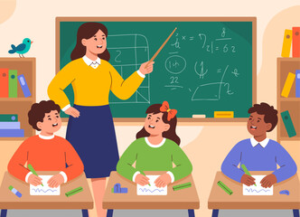 This lively illustration depicts a teacher engaging with students in a classroom setting, promoting interactive learning with a chalkboard and various educational tools.