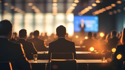 Cinematic professional photo of a business conference in a modern hall with soft bokeh, silhouettes of attendees, and a glowing screen. Perfect for corporate presentations, articles, and advertising.