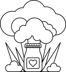 A bottle with a heart on it is surrounded by clouds