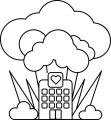 A building with a heart on it is surrounded by clouds