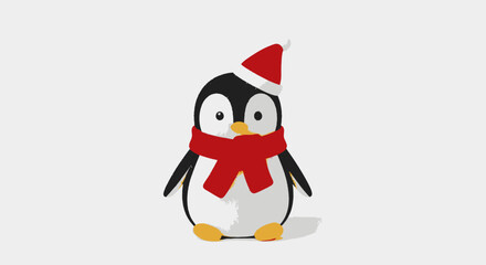 Adorable Christmas penguin wearing Santa hat and red scarf isolated on white, festive winter holiday cheer, perfect for seasonal greetings and joyful projects