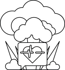 A black and white drawing of a heart with a heart monitor on it