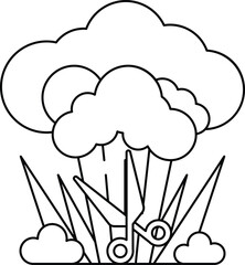 A black and white drawing of a cloud with scissors in the middle
