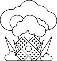 A black and white drawing of a cloud with a bandage on it