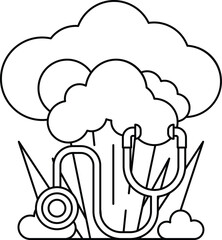 A black and white drawing of a doctor's stethoscope and a cloud