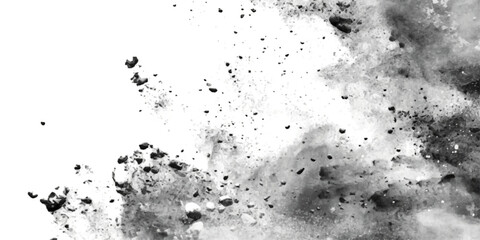 Grunge black and white distressed texture with scattered speckles and blotches for abstract background. dynamic display, sending dust and debris flying into the air against a clean white backdrop.	
