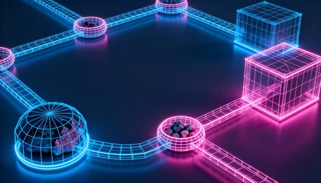Neon wireframe network of glowing cubes and domes linked by illuminated pathways, suggesting blockchain, data centers, and futuristic digital infrastructure.