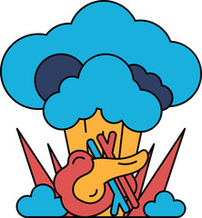 A cartoon of a mushroom cloud with a bird in the middle of it