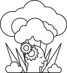 A man with a head and gears is sitting in a field of grass