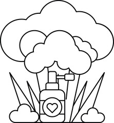 A cartoon of a cloud with a spray bottle of sunscreen on it