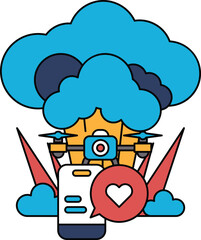 A drawing of a cloud with a camera and a heart