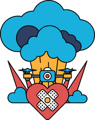 A black and white drawing of a heart with a bomb in the middle