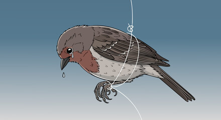 Bird entangled in fishing line, wildlife entanglement scene with environmental harm concept and plastic impact message, suitable for poster design, article header, and eco-themed product mockup.