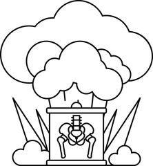 A black and white drawing of a cloud with a skeleton inside of it