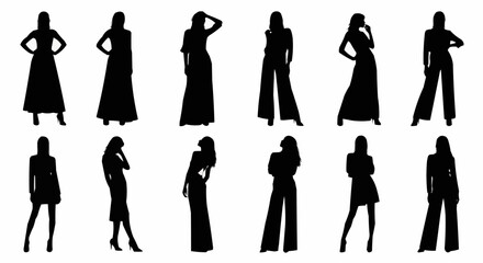 Collection of elegant women silhouettes in various fashion poses.