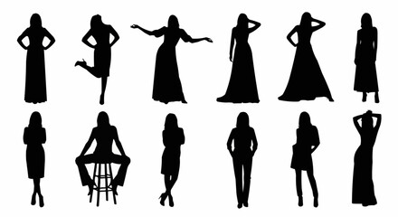 Silhouettes of elegant women in various poses and stylish dresses.