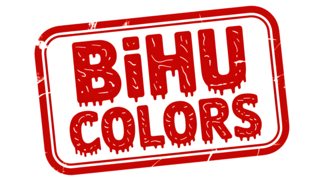 A red stamp with the words bihu colors in a distressed font on a black background with a red border