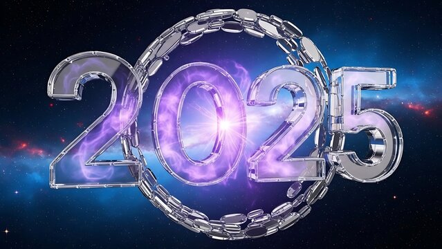 Futuristic 3d rendering of the year 2025 in chrome and glowing purple set against a deep space nebula background
