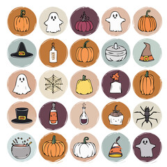 Fototapeta premium Hand-drawn Halloween icon set with pumpkins, ghosts, witch hats, potions, spider web, and spooky elements – vector illustration