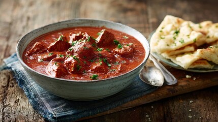 A delicious bowl of hearty meat stew, rich in flavor, sits on a rustic wooden surface. Fresh herbs enhance its appeal, with soft bread nearby, perfect for dipping