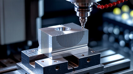 A high-precision CNC machine is carving intricate cooling fins onto a metallic block