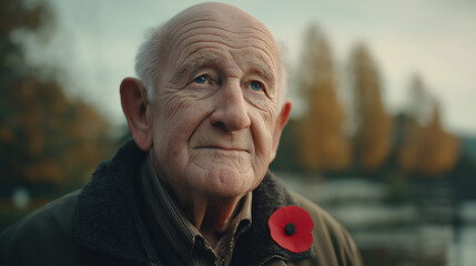 Elderly man with poppy flower looking thoughtfully outdoors in autumn  