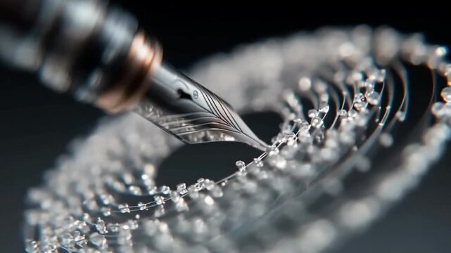 Fountain pen nib creating swirling ink design on black background  