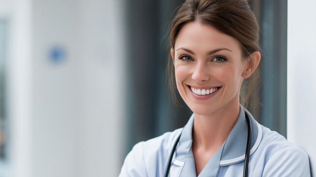 Smiling female doctor wearing lab coat with stethoscope in clinic  