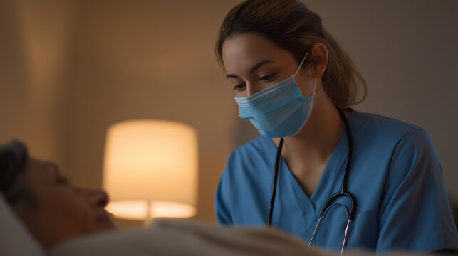 Female nurse caring for patient in hospital room at night  