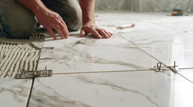 Tiler carefully installing modern marble floor tiles expertly