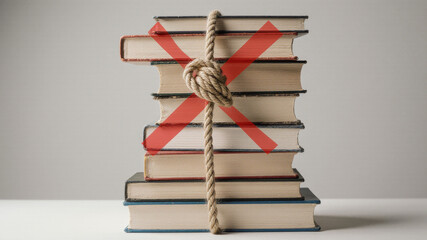 Stack of books tied with red string symbolizing restricted knowledge or information