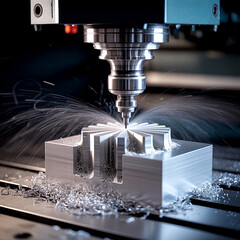 A CNC milling machine is precisely cutting a metal block, creating intricate shapes and metal shavings