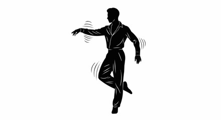 Black and white illustration of a man in a dynamic dance pose.