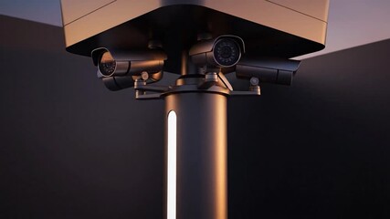 A cluster of surveillance cameras on a cylindrical pole, set in a darkened environment - Powered by Adobe