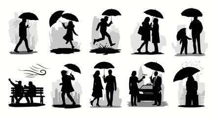 Silhouettes of People with Umbrellas in Various Poses and Situations.