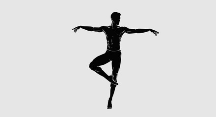 Ballet dancer silhouette gracefully poised in midair demonstrating balance and artistry.