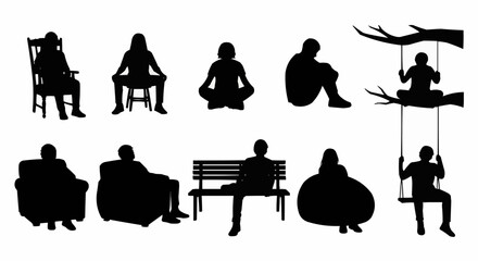 Collection of black silhouettes showing people sitting in various poses.