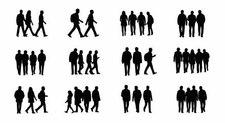 Collection of diverse human silhouettes in various poses and group formations.