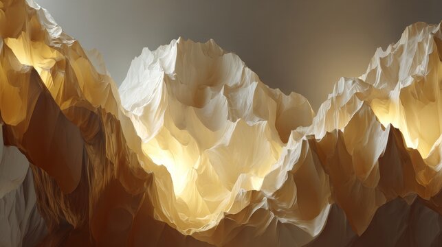 Abstract Mountain Sculpture: A striking sculpture resembling rugged mountain peaks bathed in a warm, inviting glow.