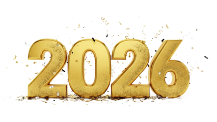 Golden “2026” typography with glitter effects and festive confetti