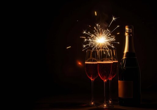 Two glasses of red wine and a bottle of champagne with a sparkling firework in the dark for celebration