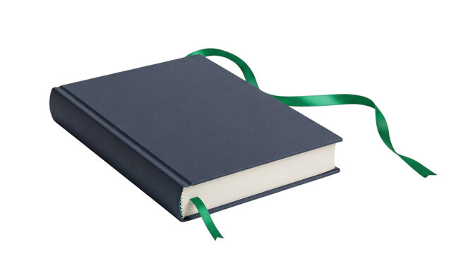 Classic dark blue hardcover book featuring a bright green ribbon bookmark, ideal for reading, writing, or study, isolated on transparent background