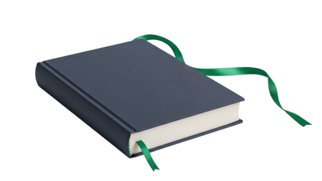 Classic dark blue hardcover book featuring a bright green ribbon bookmark, ideal for reading, writing, or study, isolated on transparent background