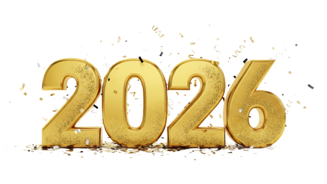 Golden “2026” typography with glitter effects and festive confetti
