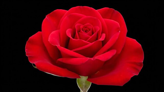 Single vibrant red rose in full bloom with green stem, isolated on a black background