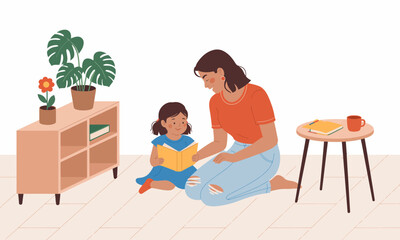 A mother enjoys reading a book with her daughter on the floor, surrounded by a cozy atmosphere filled with plants and warm decor, promoting bonding and learning.