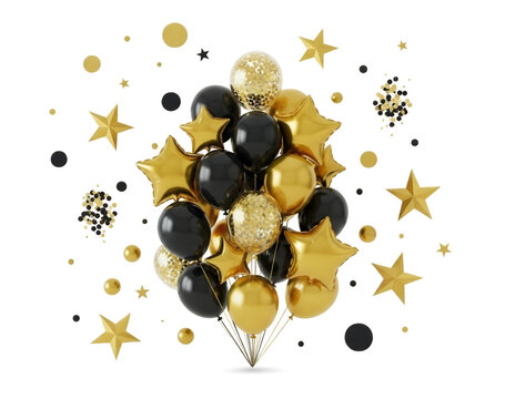 Luxury black and gold party decorations, balloons, stars, confetti